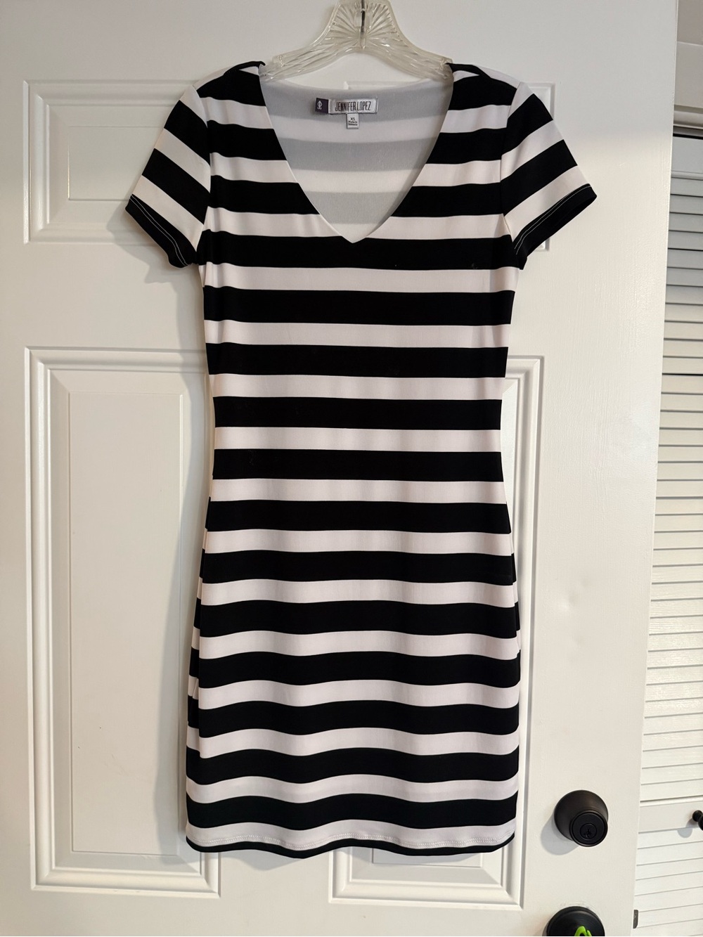 Jennifer Lopez Black & White Striped V-Neck Mini Dress